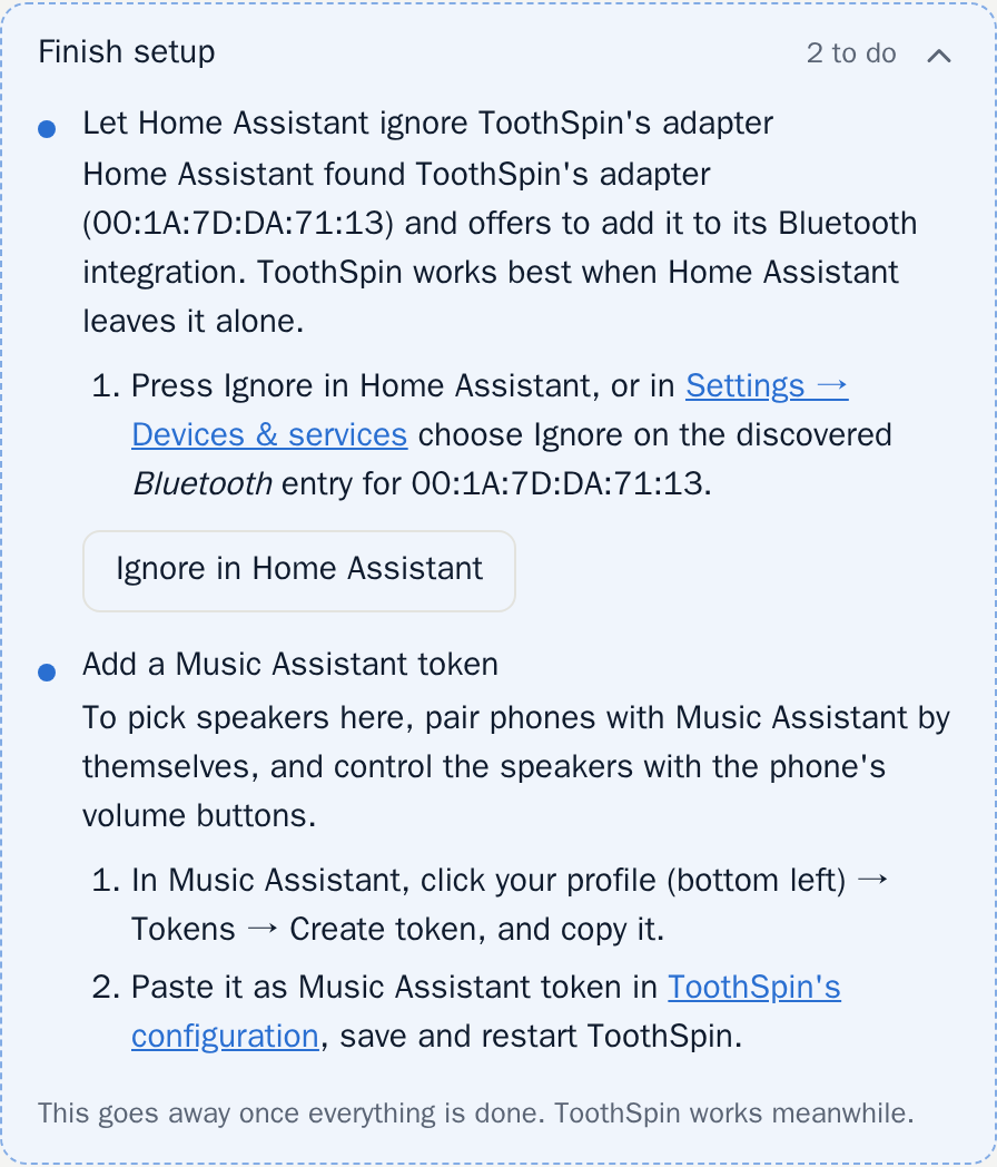 Finish setup card: let Home Assistant ignore ToothSpin's adapter, add a Music Assistant token