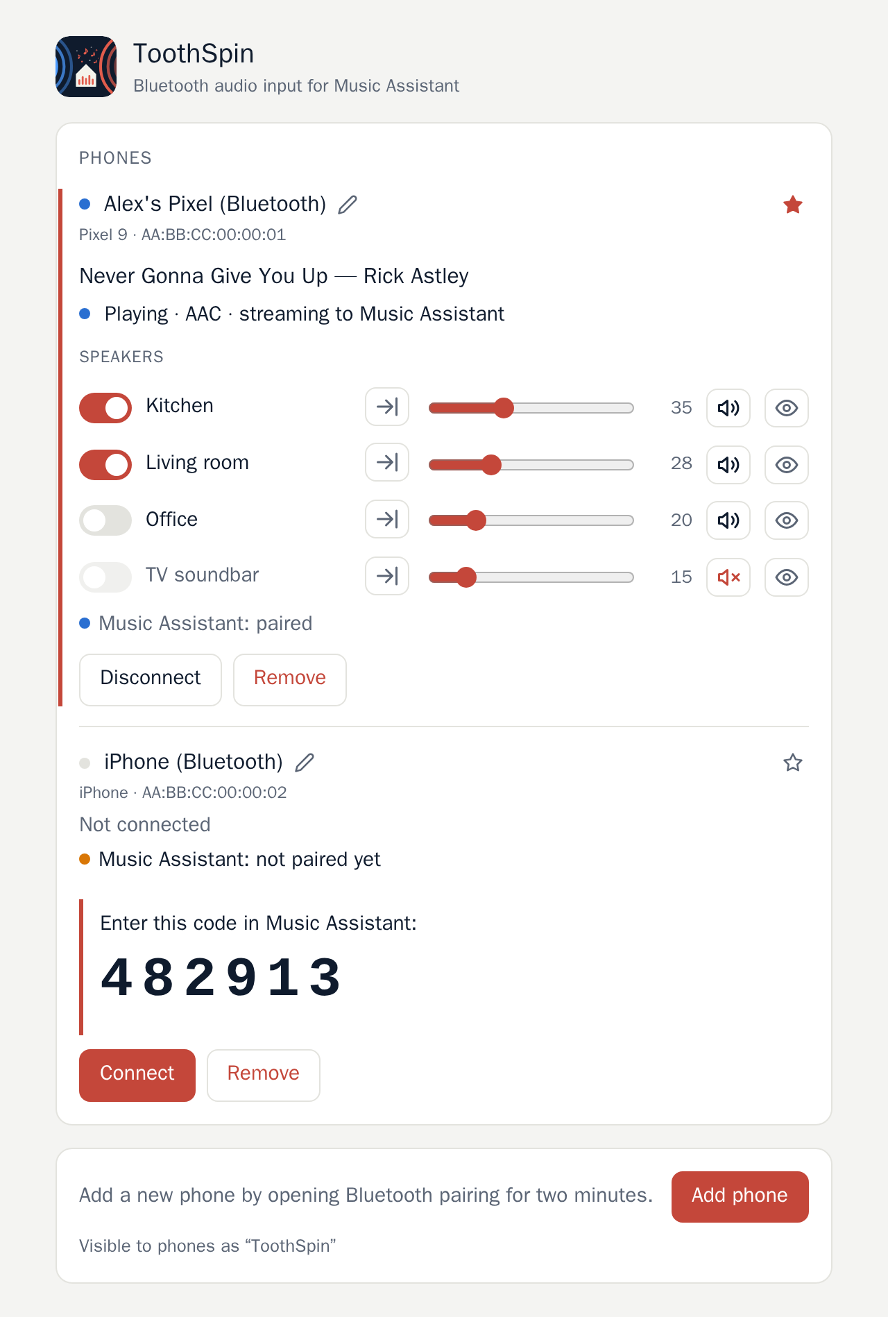 ToothSpin web UI: a phone playing a track on two grouped speakers, and a second phone showing its Music Assistant pairing code